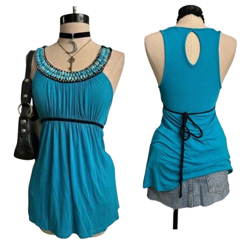 Vinatge y2k Rue21 Teal Blue Beaded Neckline Tunic Tank Top Boho Indie Sleeze